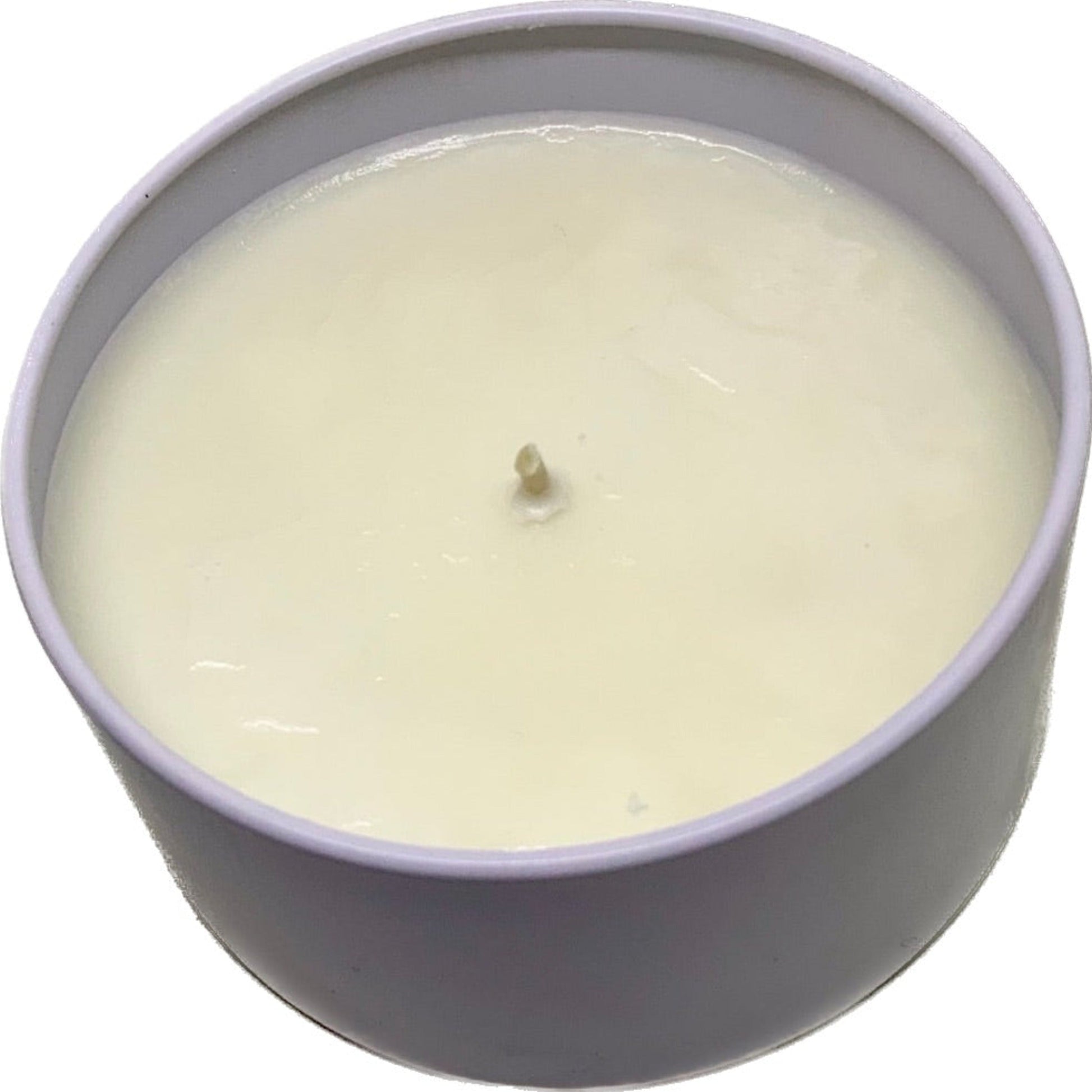 single wick soy candle in powdery lilac tin